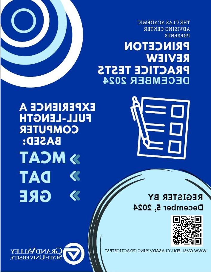 Flyer with link to registration page, n67w.zo23.com/clasadvising/practicetest