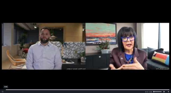 Screenshot of Grand Valley President Philomena Mantella speaking with Daniel Williams on a video conference