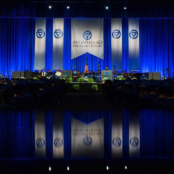 Stage at Commencement and the reflection of the stage.