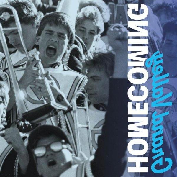 An old photo of GVSU marching band members with text that reads "Grand Valley Homecoming".