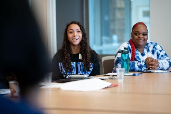 A Grand Valley student speaks with President Philomena V. Mantella