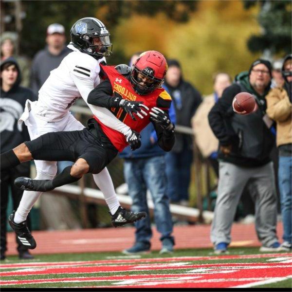 A GVSU defender deflects a pass away from a Ferris State player