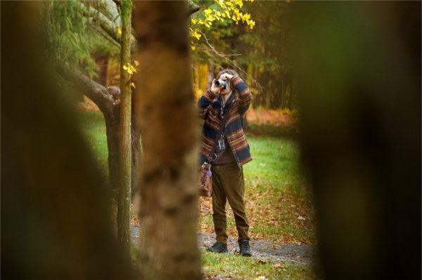  A college student takes a photo of fall leaves in an arboretum. 